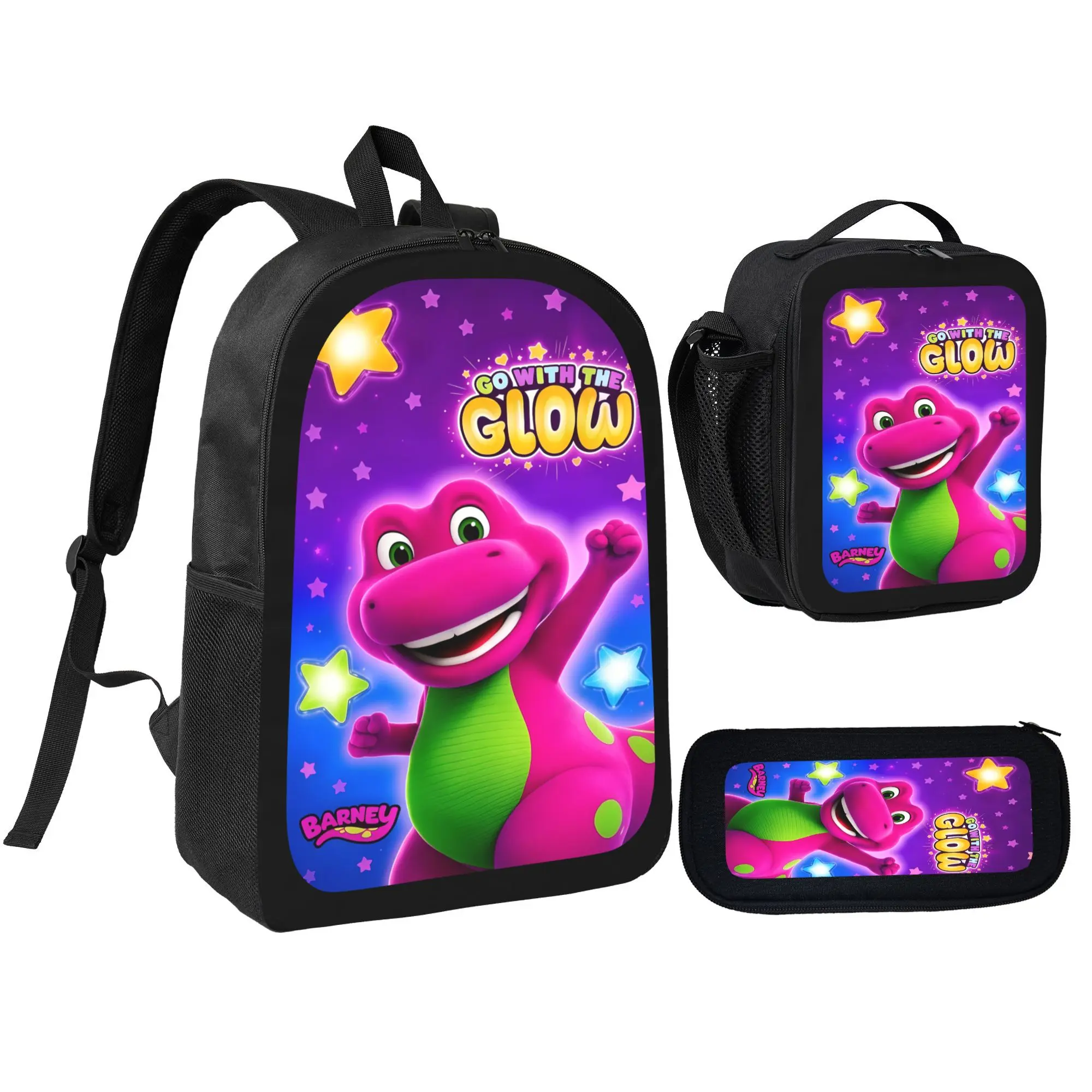 Barney Go with the Glow Backpack 3-Piece Set with Insulated Lunch Bag & Pencil Case, Cartoon Anime School Bags for Kids Girls Boys, Back to School