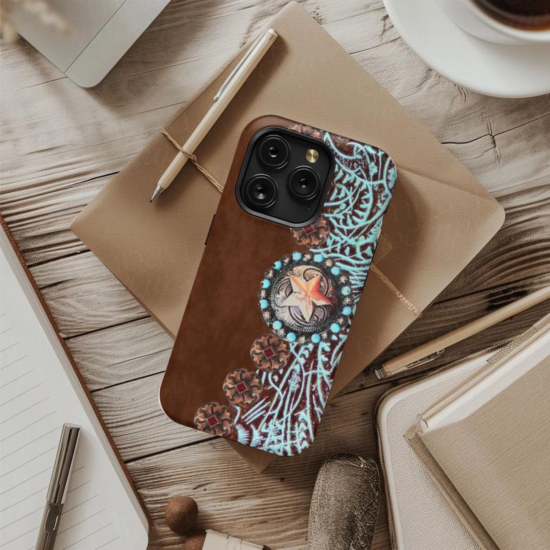 Turquoise Western Phone Case |   Rustic Concho Aesthetic Cover for IP Phone 17 16 15 14 13 12 11 Pro Max Plus SE X XR XS Compatible with Samsung Galaxy S25