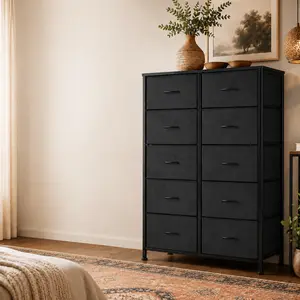 Modern 10-Drawer Fabric Dresser – Tall Storage Chest with Steel Frame & Wooden Top, Fabric Storage Tower for Bedroom, Closet, Hallway, Entryway, Organizer Unit with Removable Fabric Bins, Large Multi‑Drawer Storage Furniture