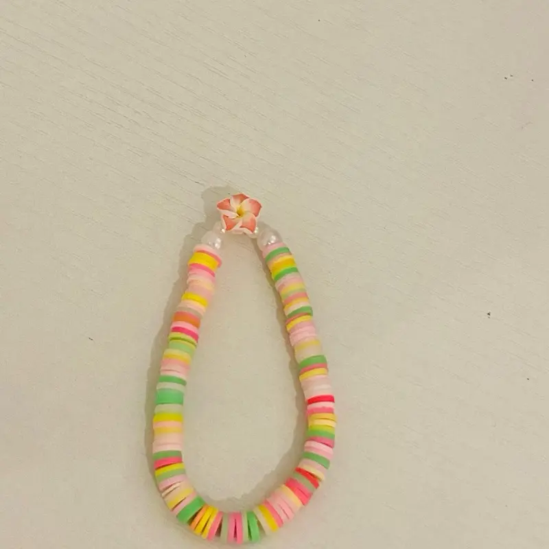 Pink Hibiscus Flower Bracelet with Yellow, Green, Pink, White Clay Beads and White Shiny Pearls