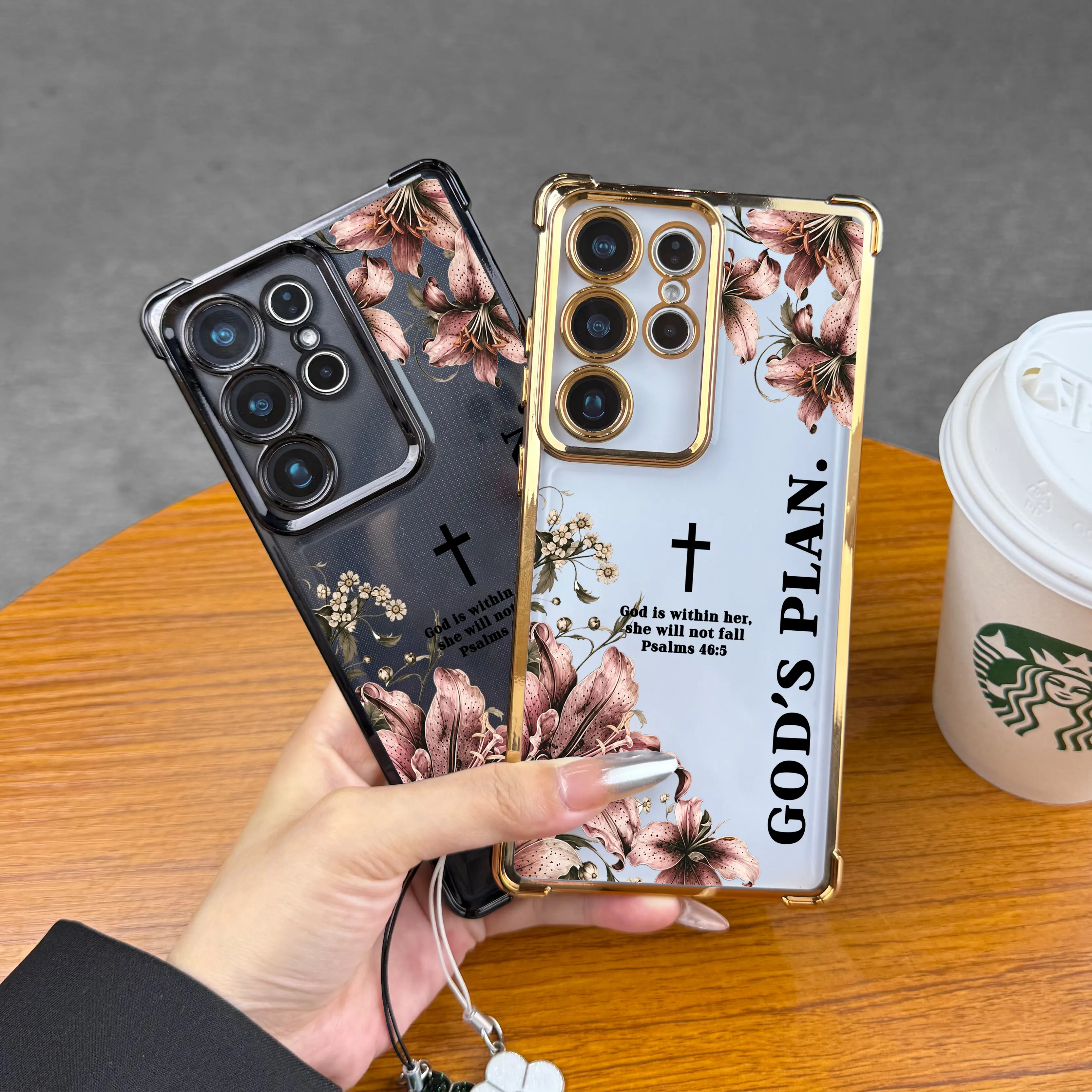 God's Plan Psalms 46:5 Lily Cross Pattern Four Corner Anti-Fall Phone case for iPhone Samsung Galaxy 17Pro Max Air 16Plus 15 14 13 12 11 XR XS S26 S25 S24 S23 S22 cases, Transparent cover, Non-Yellowing, Shockproof Soft silicone, Gifts for girls.JL124