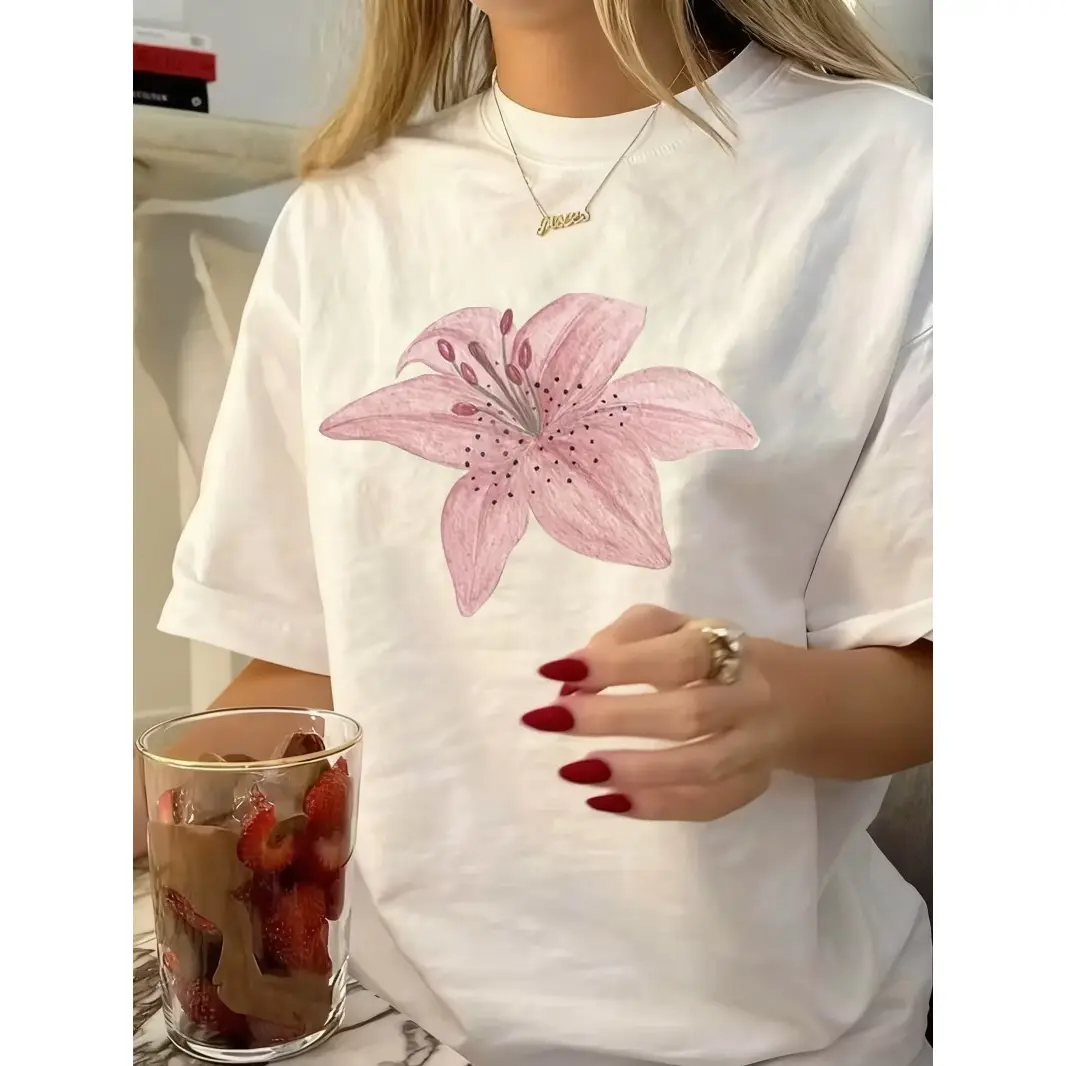 Womens Cotton Short Sleeve Graphic Tee White Pink Lily Flower Print Cute Aesthetic Soft Breathable Casual Everyday Top For Summer Vacation Streetwear