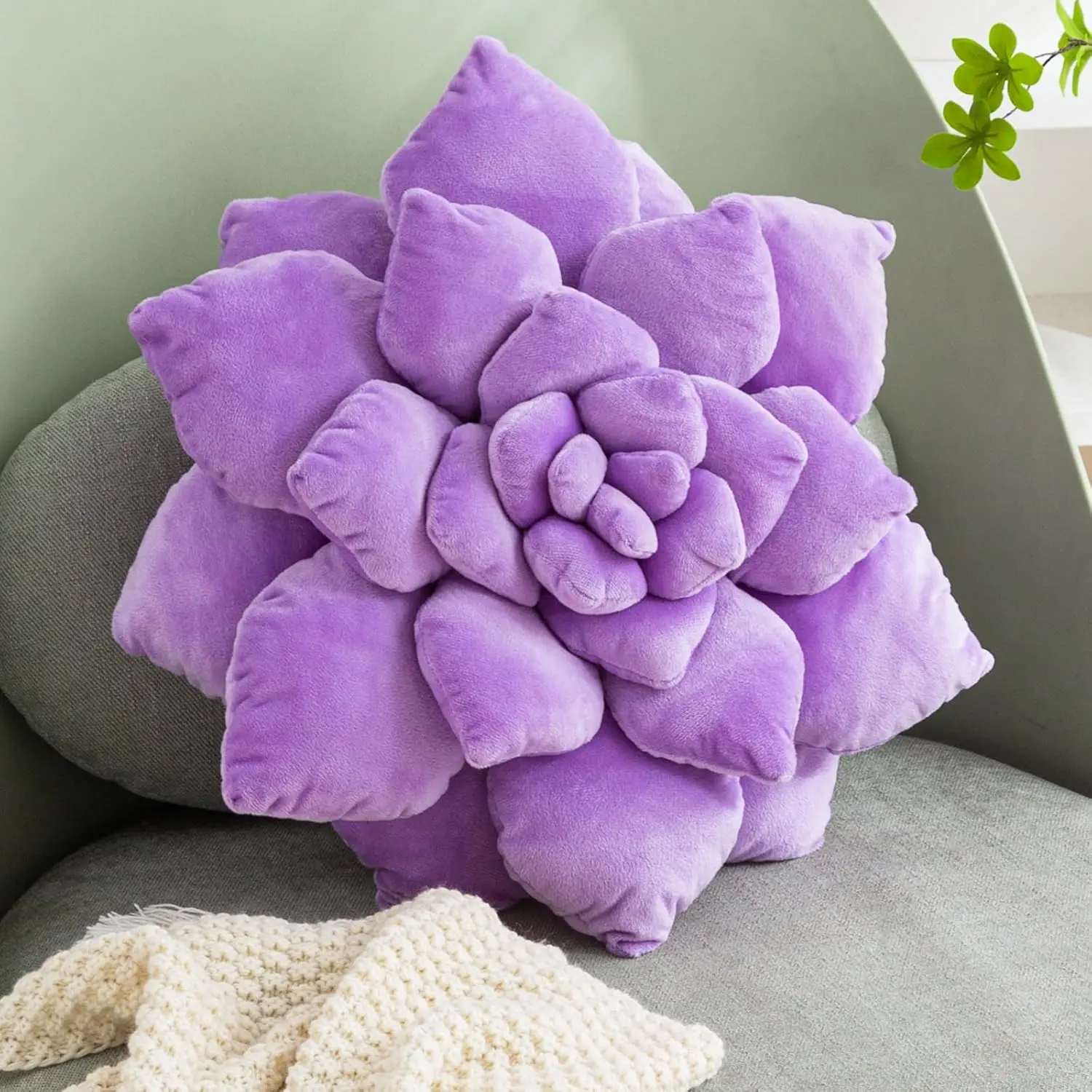 3D Purple Succulent Pillow 13.8'' Cute Flower Pillow Cactus  Shaped Pillow Green  Throw Pillows Cushions for Bedroom Home Decoration (Light Purple, 13.8 inch)