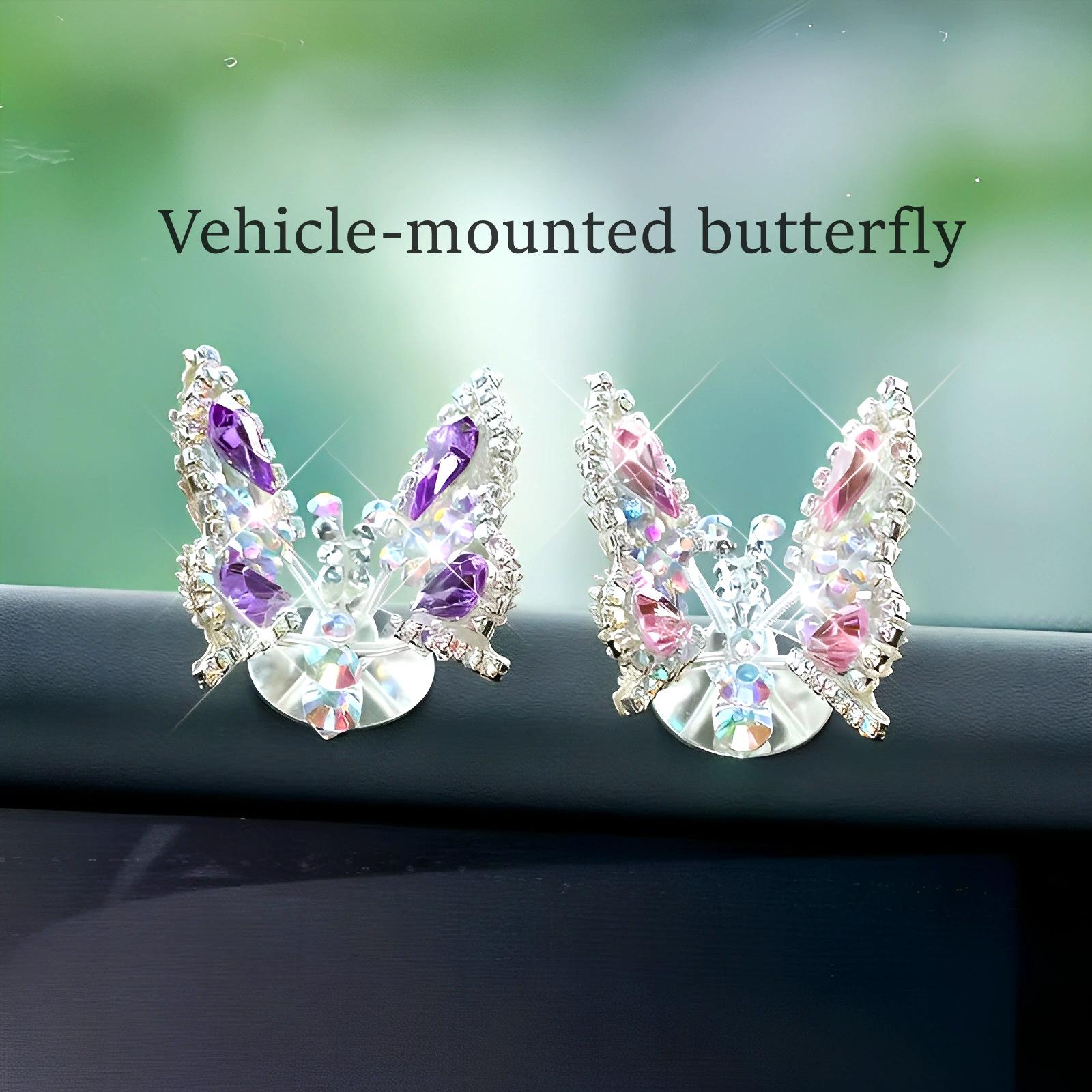 Dynamic Rhinestone Butterfly Car Decor Set, Bling Auto Dashboard Ornament & Air Vent Clip, Cute Car Interior Accessories for Women