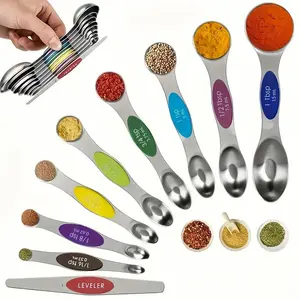 Stainless Steel Magnetic Measuring Spoons Set with Strong Magnets, Heavy Duty Metal Kitchen Essentials - Fits in0 Most Kitchen Spice Jars, Multicolor, Set of 9 with Leveler