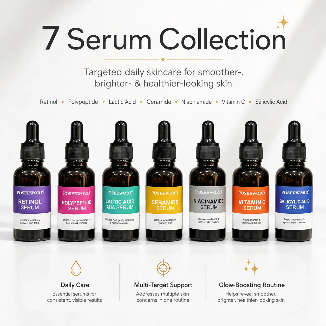 Facial Serum Collection – Retinol, Vitamin C, Niacinamide, Salicylic Acid, Lactic Acid, Ceramide & Polypeptide Serums, Choose Your Formula for Daily Skincare