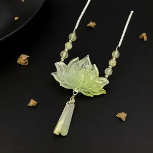 Natural Jade Lotus Necklace Fairy-Like Elegance with Green Beads and Crystal Tassel Pendant