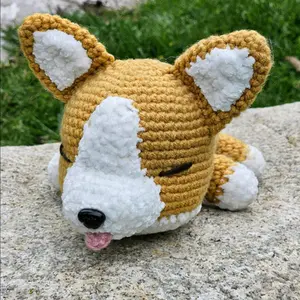 Handmade Crochet Sleepy Corgi Plushie - Soft Yellow Color with White and Black Features, Ideal for Corgi Lovers and Collectors