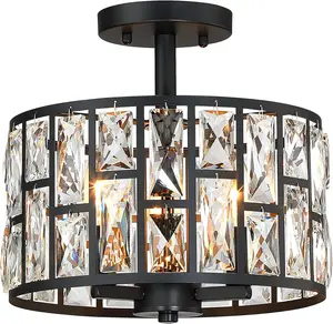 Farmhouse  Round Semi Flush Mount Close to Ceiling Light Fixture, Drum Shade 3LT Ceiling Lamp for Kitchen  Dinning Room Bedroom, Hallway Black Finish