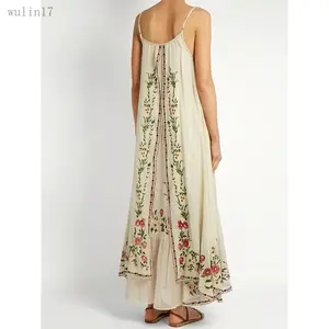 New2025Women's Floral Print Sleeveless Maxi Dress - Lightweight Polyester, Ruffled Hem, Cream with Red & Green Floral Patterns, Casual Loose Fit, Machine Washable, Floral Print Dress