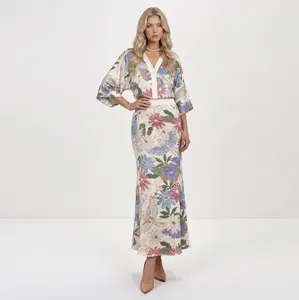 LikeMyChoice 2026 Women's Exquisite Satin Floral Print 2-Piece Suit, V-Neck Button-Down Top & Midi Skirt - Elegant Casual Womenswear Clothes Outfit Set