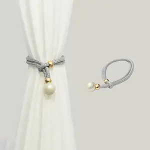 Luxury French Curtain Tieback, Imitation Pearl Trim, Elegant Polyester Fiber, Adjustable No-Drill Rope, Home Decor Accessory, Window Decorations Supplies
