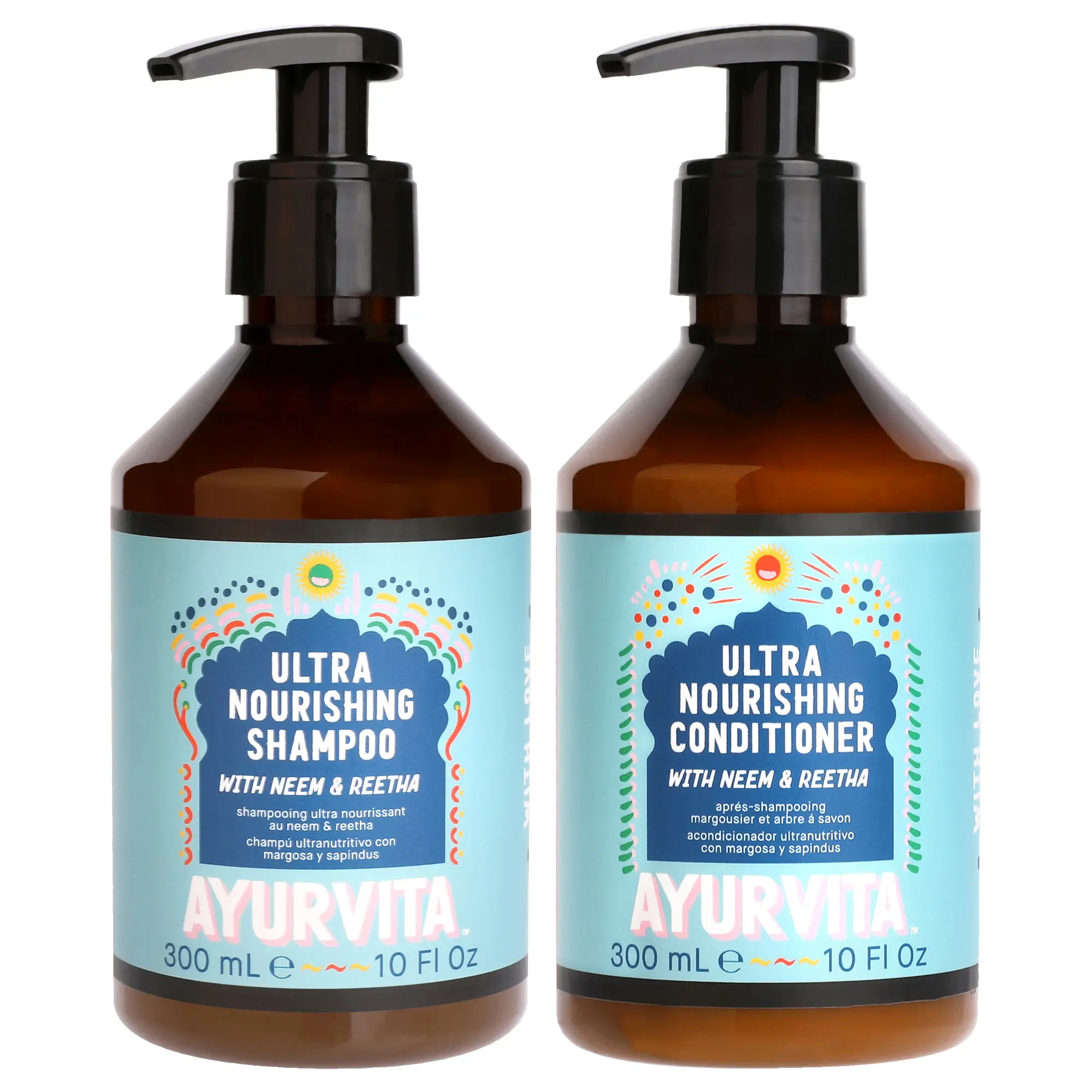 Neem and Reetha Ultra Nourishing Kit by AyurVita for Unisex - 2 Pc Kit 10oz clarifying Anti-Dandruff Shampoo, 10oz Conditioner Anti-Hair Fall Volumizing Moisture Repair Set