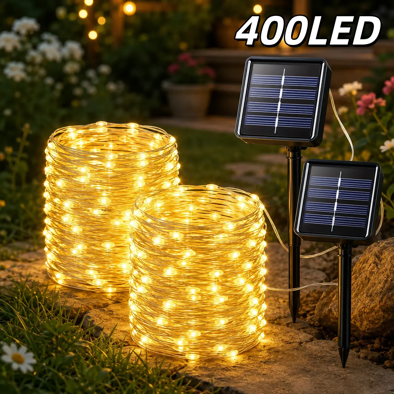 2-piece set, solar fairy lights, 400 LEDs, total length 144 feet, waterproof outdoor Halloween string lights, featuring 8 lighting modes, perfect for garden, patio, and party decorations