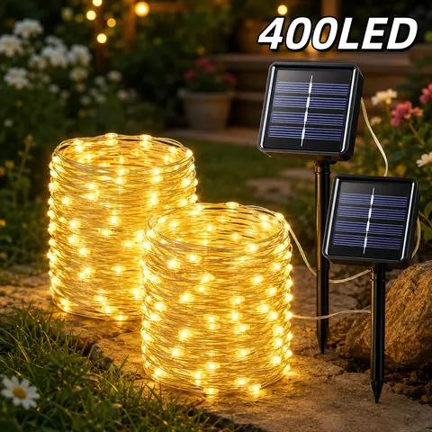 Solar Outdoor Halloween Fairy Lights 2-Pack - 400 LED Bulbs, 104.99ft Total Length, Waterproof, 8-Mode Mood Light, IP65 Waterproof,Festive Glow, for Garden, Patio Decorations