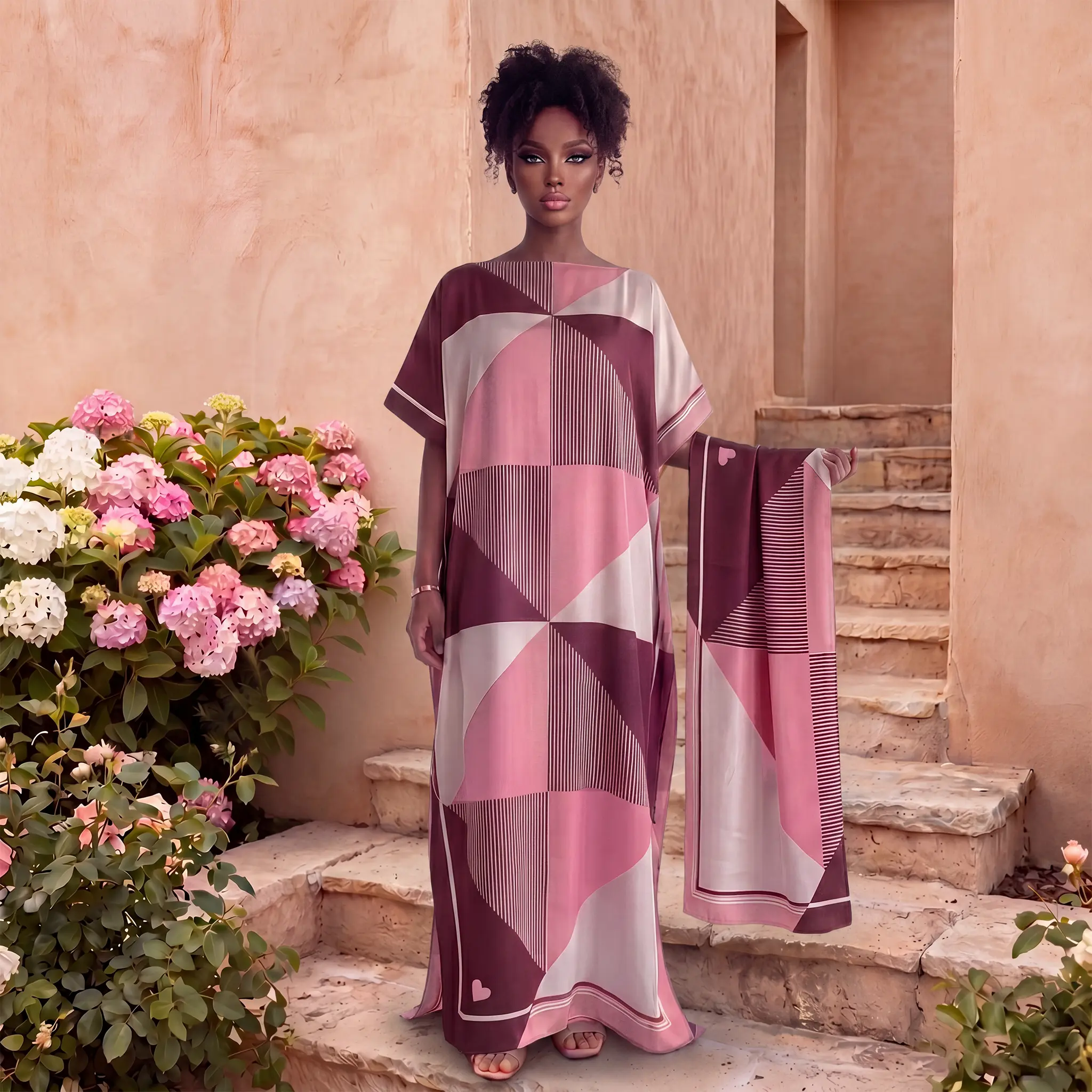 Women's Fashion 2-Piece Moo Moo Kaftan & Matching Hijab Set - Boat Neck, Short Sleeve, Colorblock Glossy Satin Robe, Silky Loose-Fit Side Split Maxi Dress, Modest Party Wear Outfit for All Seasons