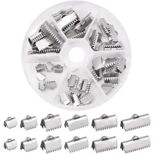 36 Pcs 304 Stainless Steel Ribbon Bracelet Bookmark Pinch Crimp Clamp End Findings Cord Ends Fasteners Clasp Leather Crimp Ends 6 Sizes 6.5-20mm for Jewelry Making