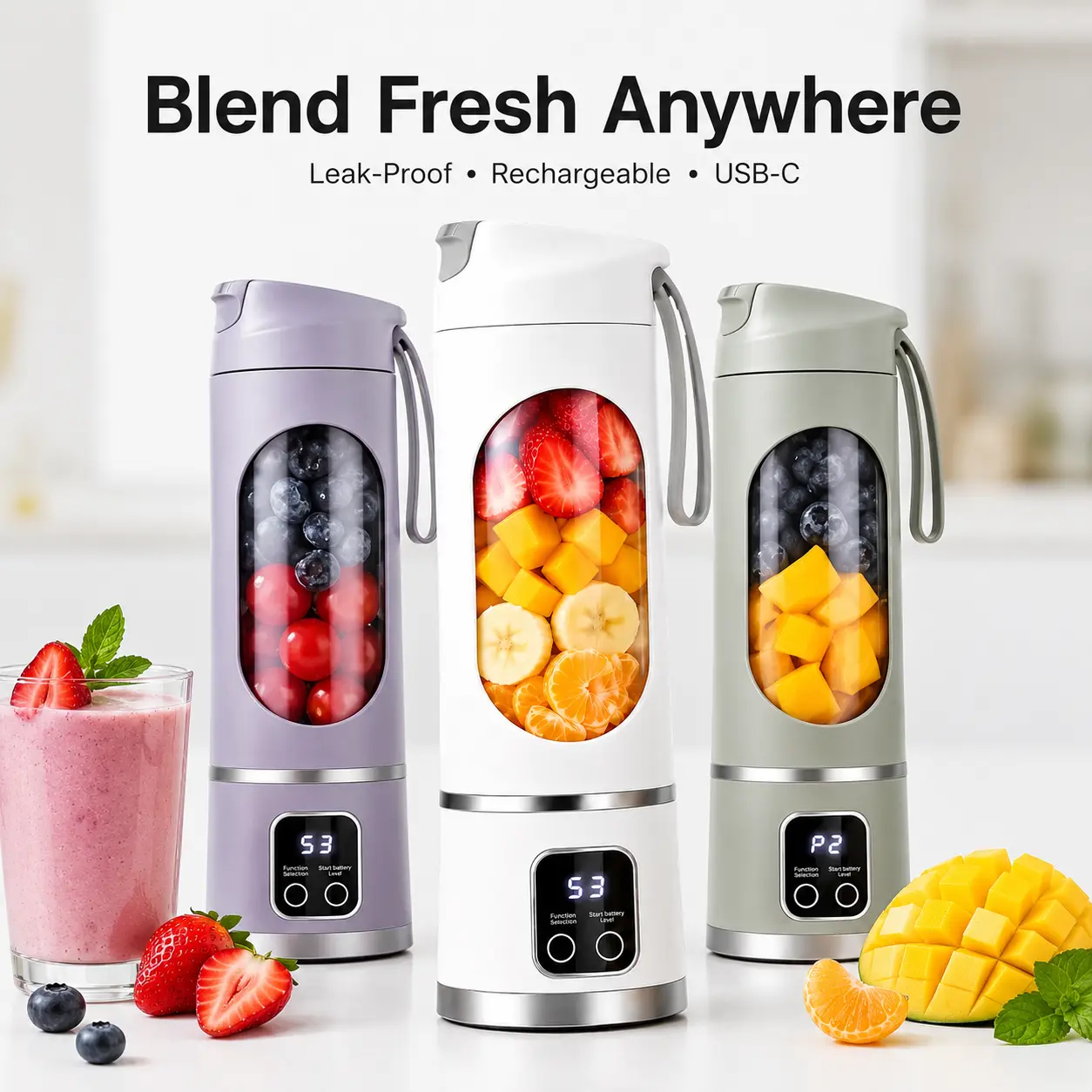 Portable Smoothie Blender, 450ml USB-C Rechargeable Mini Juicer Cup, Leak-Proof Personal Blender for Fresh Juice, Protein Shakes, Travel & Gym with