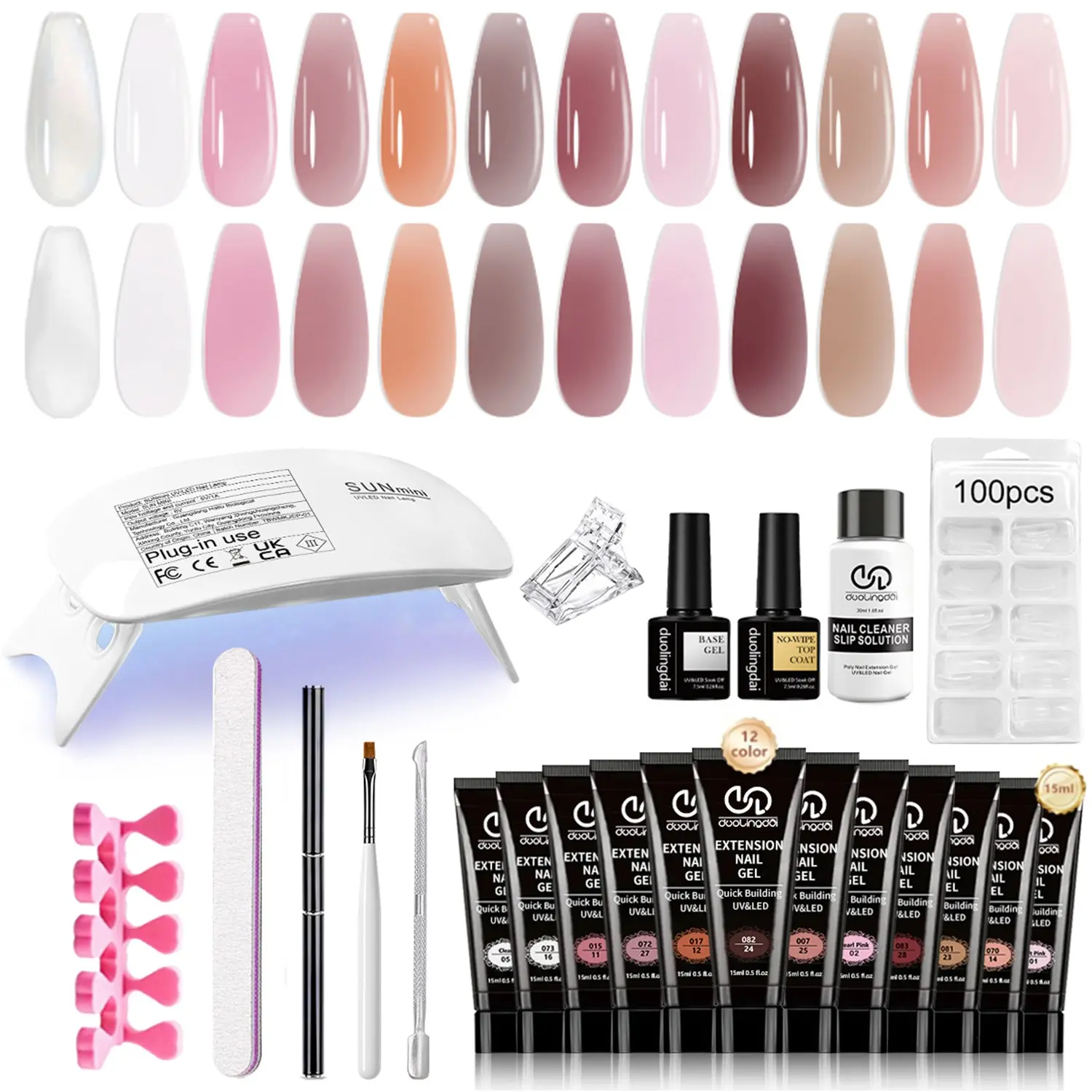 Dld 12 Color Bare Nails Extension Gel Kit, Quick Build Nail Polish, UV Lamp, Professional Home Salon Tool Set, Gel Kit With UV Light