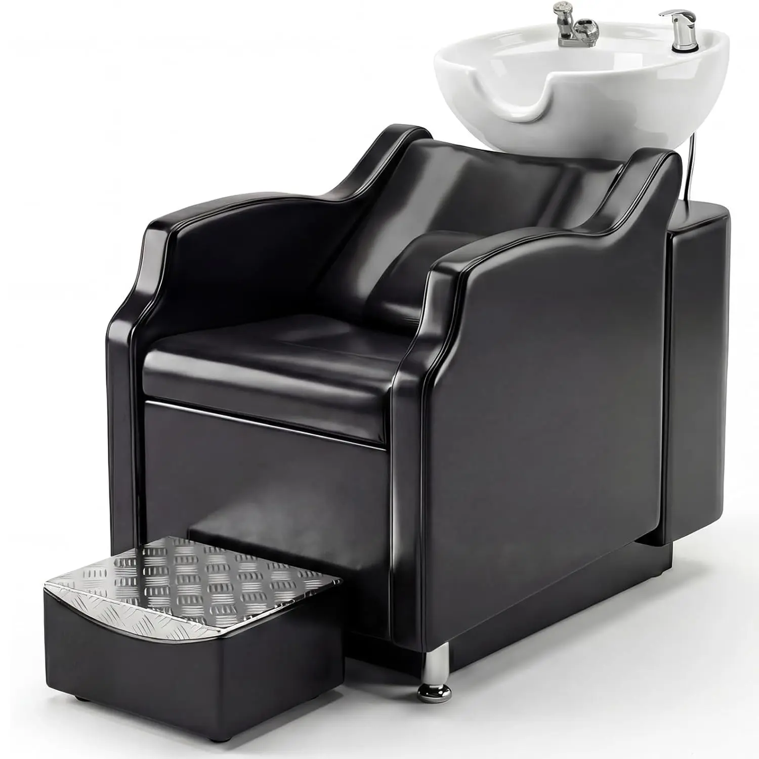 Heavy Duty Shampoo Chair with Deep Ceramic Bowl, 450 lbs Capacity Salon Spa Chair with Footrest & PU Leather, Dual Plumbing, Easy Assembly for Salon, Spa, Home, Electrosilver, Salon Styling Chair, 450Lb