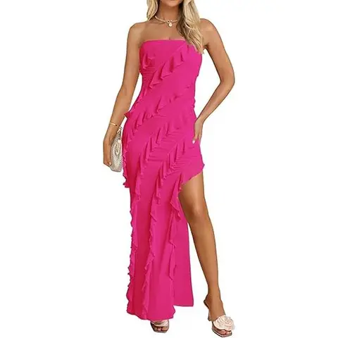 ZESICA Women's 2025 Strapless Sleeveless Bodycon Long Dress - Off Shoulder, Mesh, Tassel Accents Add Playful Elegance, Ruffle, Side Split Tube Style - All Colors Lined for Confident Wear, Polished for Cocktail Parties