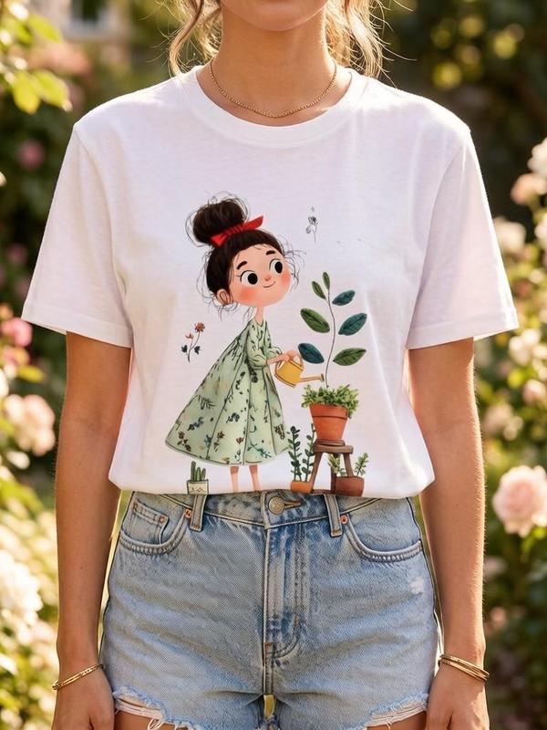 Women's Round Neck Short-Sleeve Soft Cotton Tshirt - Plus Size Oversized Elastic Fabric Lady Top, Comfortable Boho Cottagecore Aesthetic, Whimsical Gardening Plant Graphic, Easy Casual Fit, DIY Friendly Summer Beach Tee, Anniversary Gift Idea