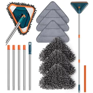 Long-handled wall cleaner - Adjustable length wall mop - 360° rotating head - Floor and wall cleaning tool - Suitable for walls, ceiling fans, floors, baseboards, dust, kitchen, includes 6 replacement pads and 1 silicone water scraper