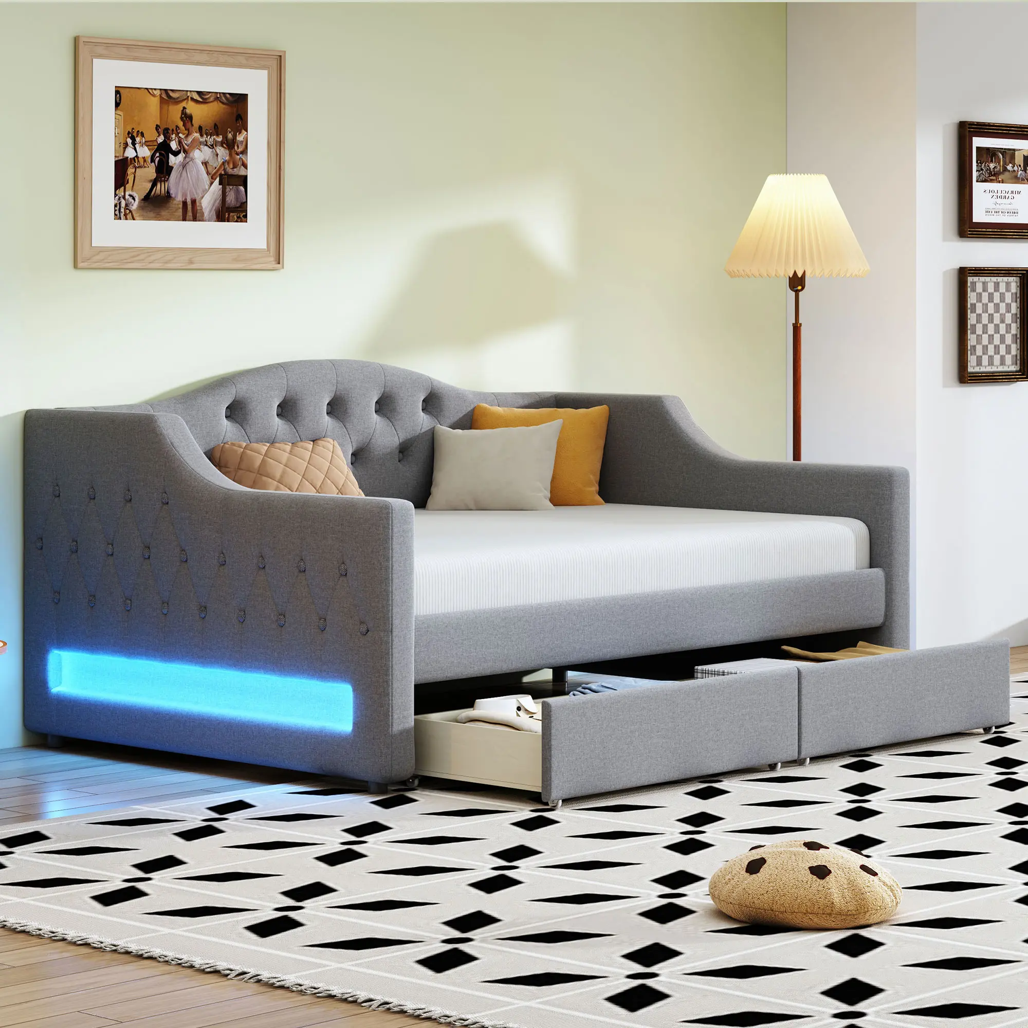 Modern Twin XL Size Upholstered Platform Daybed - Contemporary Upholstered Bed with LED Lighting Belt, 2 Storage Drawers, Wood Frame and Slats, No Box Spring Needed