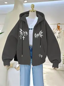 Women's Zipper Hoodie Jacket with Cross Print, Fleece Lined, Pocket Design, Casual Fashion Outerwear for Teens Boys & Girls