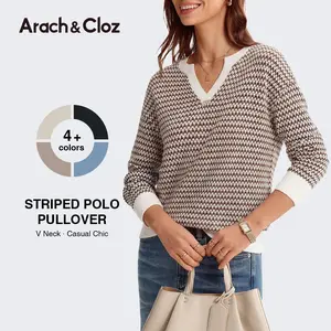 Arach&Cloz Women's V Neck Striped Polo Casual Fall Pullover  2026