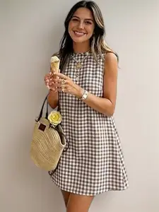 IDEALSANXUN Women's Gingham Boho Printed Dress - Retro Sleeveless Crewneck/Halter/Spaghetti Strap, Backless Tie Cotton Casual Summer Dresses, Beach Outfit with Buttons, Women's Clothes