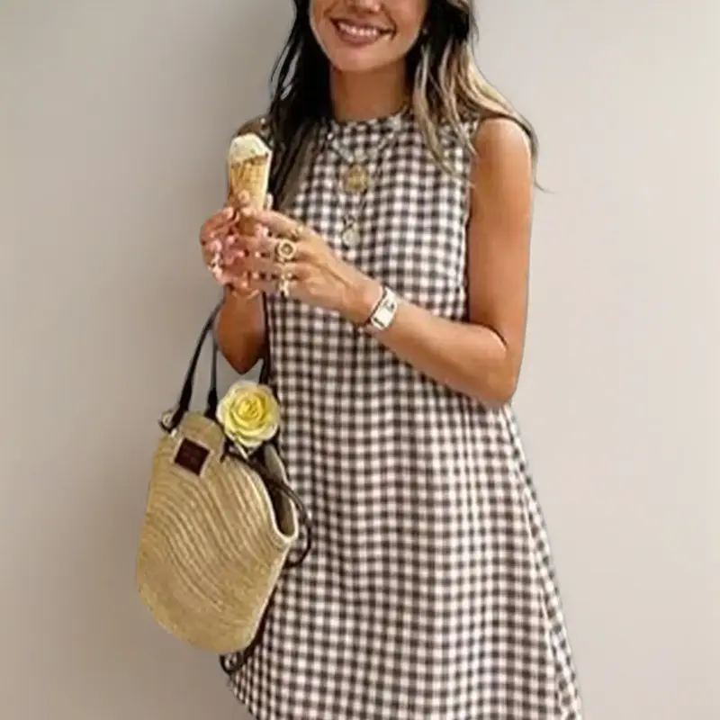 IDEALSANXUN Women's High-Neck Gingham Cotton Tank Dress - Bohemian Button-Accented Mini with Pockets, Algodón Casual, Boho Printed, Sleeveless Shirt, Women's Tops for Summer Beach Cruise