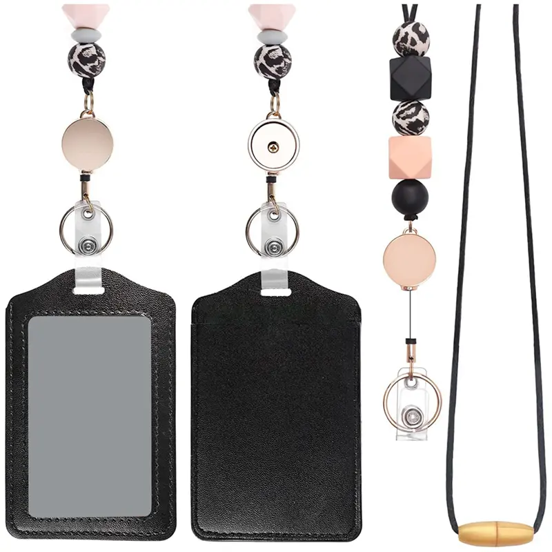 Women's Retractable Lanyard with Black PU Leather ID Badge Holder, Waterproof Pouch, Breakaway Clip & Charms - Food-Grade Silicone, 3Pcs Credit Card Size, No Special Smell for Office, Fitness Ab Training