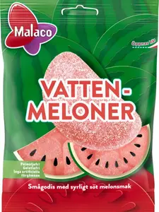 Malaco Watermelon 90g (3.2oz) Swedish Watermelon-Shaped soft Chewy Candy - Chewy Gummy Sweets - Eco-Friendly Plant-Based Packaging - 1 Bags Bonbon