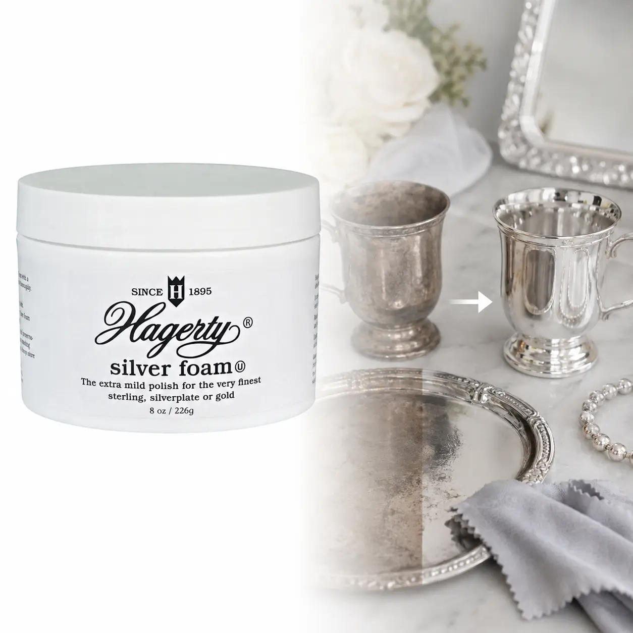 Hagerty Silver Foam Metal Polish 8 oz,unscented,dual-action,removes tarnish,residue remover,non-abrasive,no harsh odors,wash rinse dry,foam action,maintains patina,sterling silver,silver plate,gold jewelry,heirloom pieces,flatware,serving ware,rinse clean