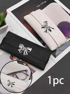 Elegant Eyeglass Case with Silver Color Bow Decor, Portable PU Leather Sunglasses Holder, Simple Eye Protection Accessory for Men Women, Portable Sunglasses Organizer