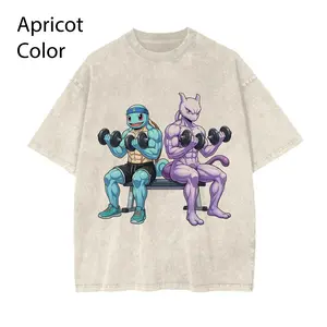 Gym Pokebon Shirt, Mewt x Squirt Workout Tee, Anime PKM Shirt, Funny Fitness Anime Shirt, Apricot Vintage Washed T-Shirt, Bodybuilding Otaku Shirt, Y2K Streetwear Gym Gift
