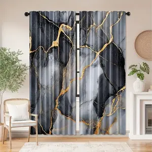 2-Piece Marble Home Decoration Curtain Set, Breathable Polyester Material, Rod Pocket Design, Ideal for Bedroom Living Room Office Decor