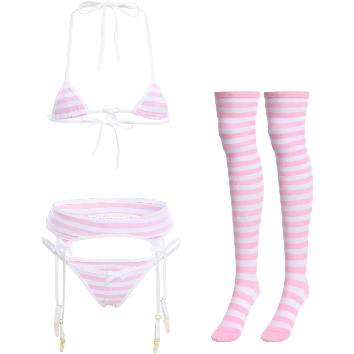 Women Cute Kawaii Anime Lingerie set Halter Strap Micro Bra Tiny Panty Garter Belt Striped Stockings 4Pcs Underwear