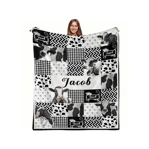Custom Name Cow Print Throw Blanket - Personalized Soft Flannel, Lodge Style With Unique Occasion Theme, All-Season Cozy Knitted Fabric, Digital Print,%, 200-250g Square Weight