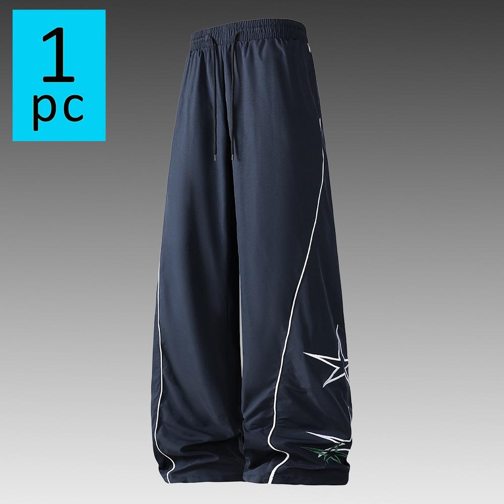 Spring/summer lightweight men’s solid-color athletic casual pants—slim straight-leg joggers with an elastic drawstring waistband and vintage star embroidery; suitable for everyday wear and American street dance styles for both men and women.