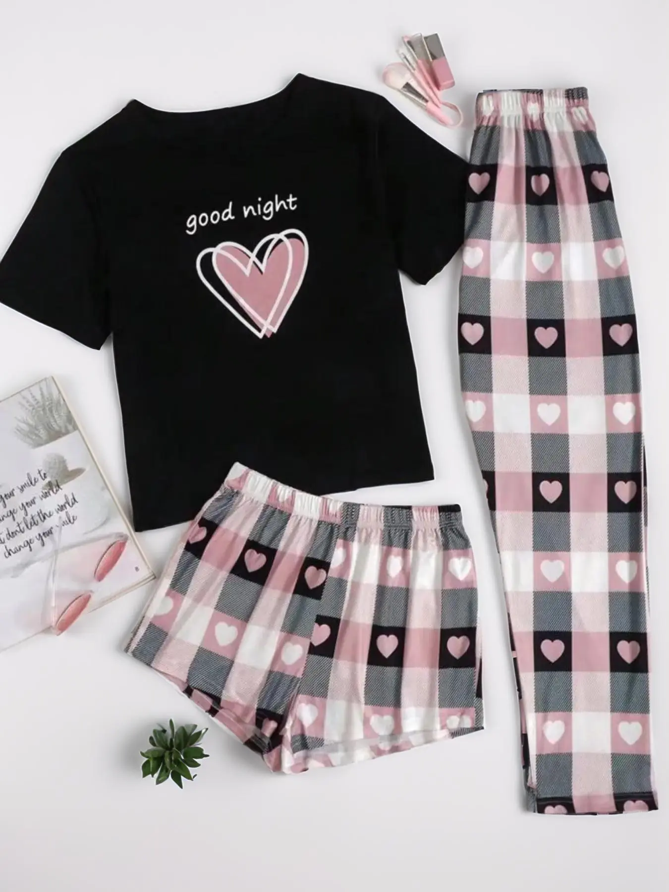 Women's Heart Print Tee & Plaid Print Pants & Shorts Pyjama Set, Casual Short Sleeve T-shirt & Elastic Waist Shorts & Trousers Pj Set, Women's Sleepwear