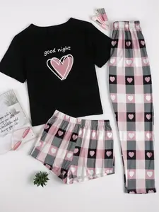 Women's Heart Print Tee & Plaid Print Pants & Shorts Pyjama Set, Casual Short Sleeve T-shirt & Elastic Waist Shorts & Trousers Pj Set, Women's Sleepwear
