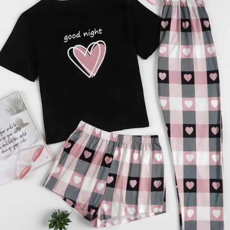 Women's Heart Print Tee & Plaid Print Pants & Shorts Pyjama Set, Casual Short Sleeve T-shirt & Elastic Waist Shorts & Trousers Pj Set, Women's Sleepwear, Cute, Pajama Set