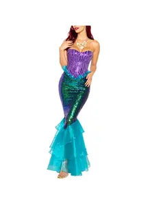 Mermaid A Princess Costume Set with Sequin Ruffled Dress Adult Womens Halloween Fancy Dress Cosplay for Masquerade & Themed Parties Womenswear