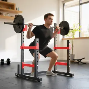 Adjustable Squat Rack 660lbs Multi-Functional Bench Press Rack for Weight Lifting Home Gym Strength Training Red Dual Barbell Design Heavy-Duty Stability Integrated Plate Storage