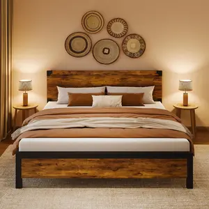 King Bed Frame with Headboard, King Platform Bed Frame with Under Bed Storage and Metal Legs, King Size Bed Frame for Noise Free, Brown, easy installation