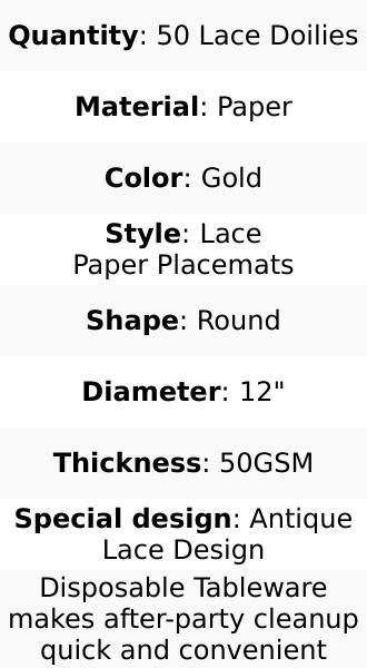 50 Pcs 12in Round Food Grade Gold Lace Disposable Placemats & Coasters - Separable Kitchen Decorative Placemat for Parties, Gift Wrap Accents, Use Under Cakes, Glasses
