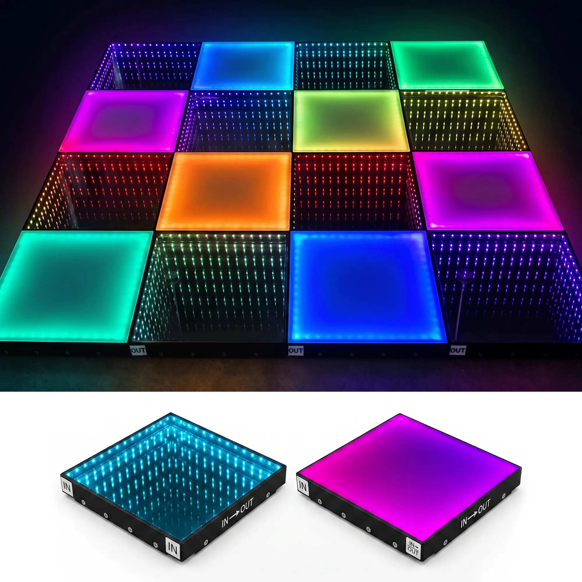 3D Infinity Mirror LED Dance Floor Stage Lights, Tempered Glass Magnetic Tiles with Full Controller & Flight Case, DMX Controllable, Portable Light Up Dance Floor for Wedding Party Stage Show, 50x50cm(16 Piece)