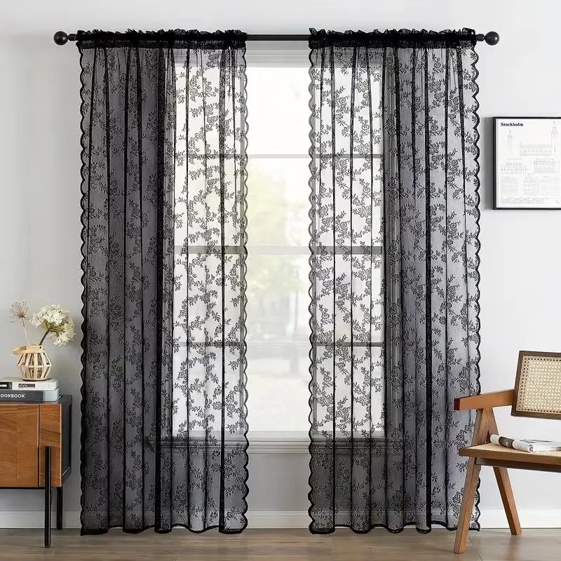 Romantic Pastoral Lace Sheer Curtain, Room Decor Curtain, Translucent Window Drapery with Floral Pattern, Polyester, Rod Pocket Design, Curtains Sheer, 1pc